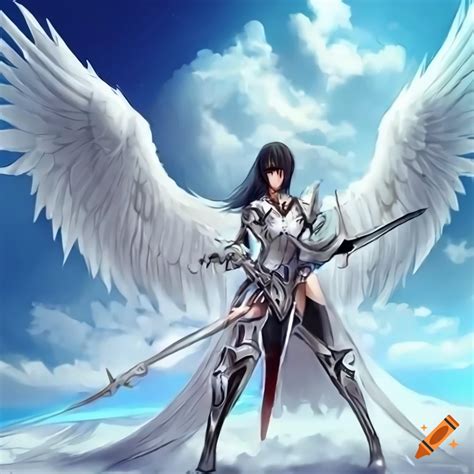 Beautiful female angel warrior, full body view three quarter angle, symmetrical silver armor ...