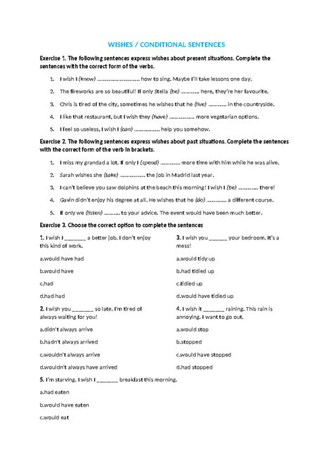 Wishes And Conditionals Worksheet Wishes Conditional Sentences Exercise 1 The Following