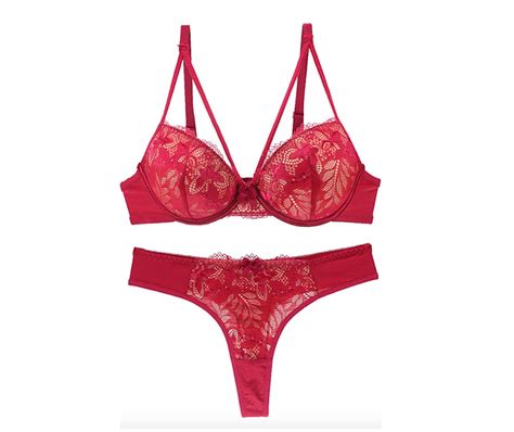 V Strap Push Up Flower Lace Bra And Thong Panty Set