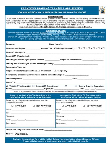 Fillable Online Ranzcog Edu Franzcog Training Transfer Form Fax Email