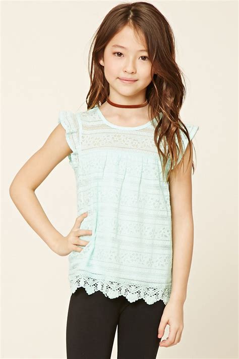 Forever 21 Girls A Knit Top Featuring An Embroidered Lace Overlayer Scalloped Crochet Hem