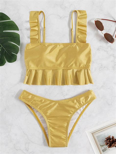 Shein Bikini Unicolor Ribete Con Fruncido Vezia