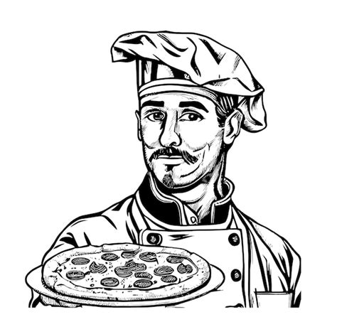 Premium Vector Italian Chef Holding Pizza Hand Drawn Sketch