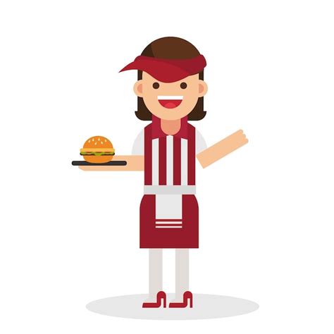 Premium Vector Fast Food Waitress Holding A Tray With Burger