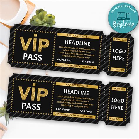 Printable Gold Vip Pass Admission Ticket Template Diy Createpartylabels