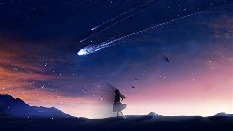 Hd Wallpaper Anime Girl Falling Stars Scenic Birds Sky Landscape