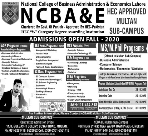 National College of Business Administration Admission 2020 Result.pk