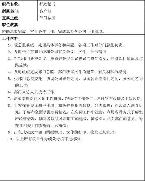 行政秘书 岗位职责及职权说明书 Word文档在线阅读与下载 无忧文档