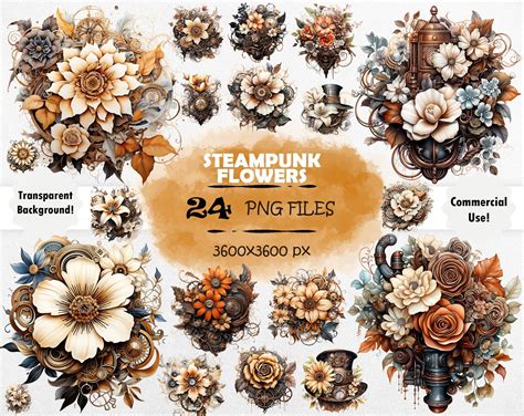 Watercolor Steampunk Flowers Clipart Bundle Mechanical Flowers Png