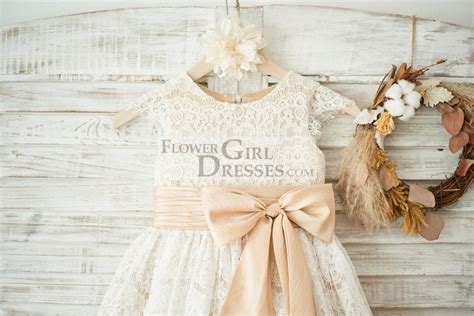 Champagne Satin Ivory Lace Cap Sleeves Wedding Flower Girl Dress Bow Flower Girl Dresses