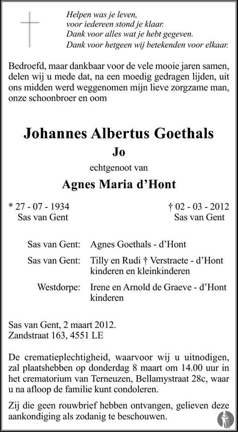 Johannes Albertus Jo Goethals 02 03 2012 Overlijdensbericht En