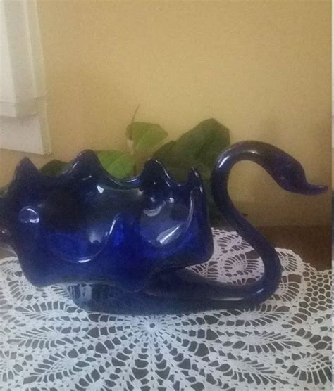 Glass Art Cobalt Blue Hand Blown Swan Bowl 1960 S Murano Etsy