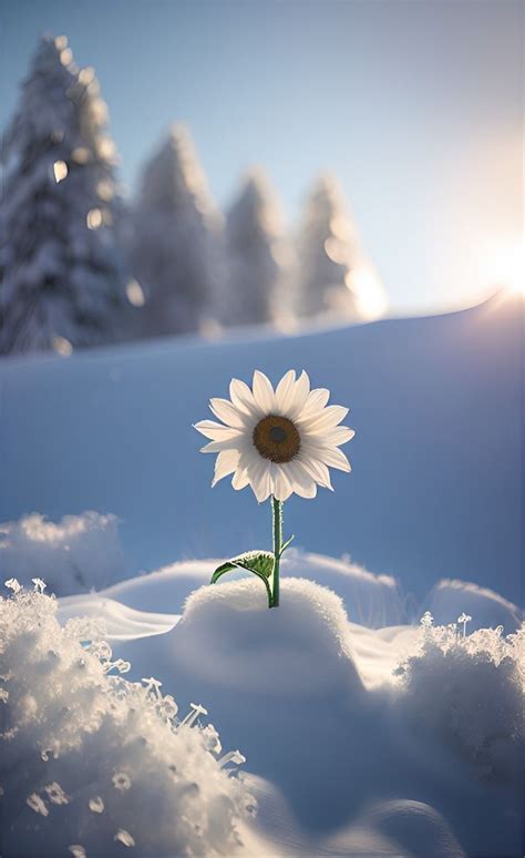 A Single White Sunflower Sitting In The Middle Of Snow Covered Ground