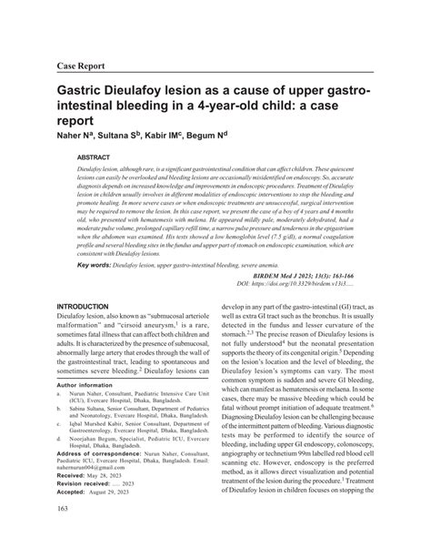 Pdf Gastric Dieulafoy Lesion As A Cause Of Upper Gastro Intestinal Bleeding In A 4 Year Old