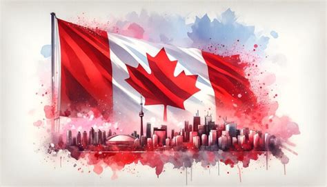 Premium Photo | Watercolor painting of big canadian flag waving above ...