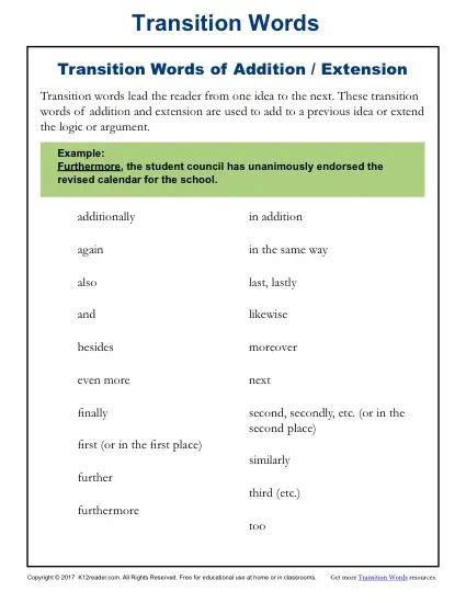 Transition Words List Pdf For Elementary Students