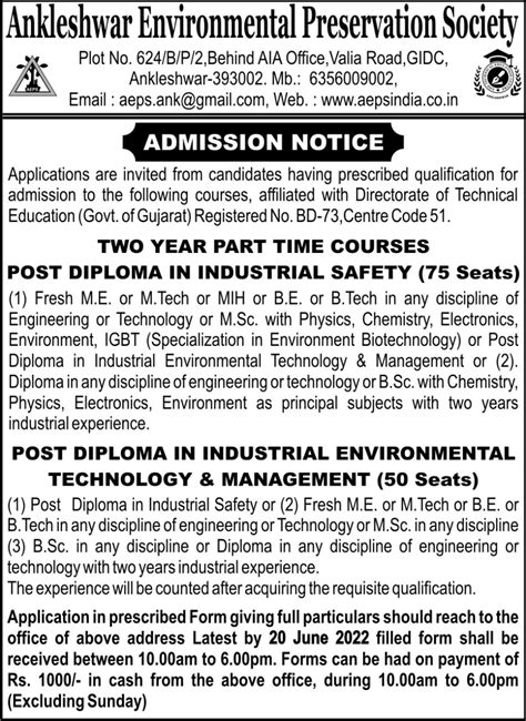 Post Diploma In Industrial Safety Pdis Ankleshwar Environmental Preservation Society