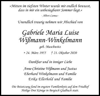 Traueranzeigen Von Gabriele Maria Luise Wi Mann Winkelmann Wirtrauern