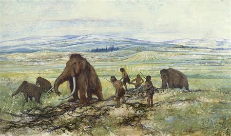 Hominids hunting mammoths - Stock Image - C011/2010 - Science Photo Library