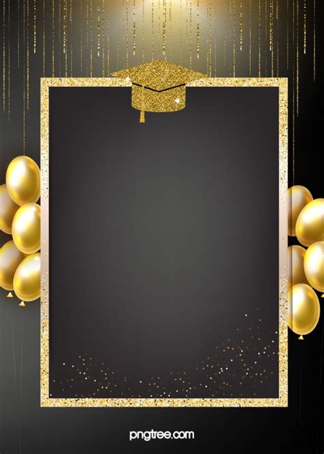 A Graduation Cap On Top Of A Black Background With Gold Balloons And