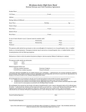 Fillable Online Medical Release And Hold Harmless Form Dickinson ISD