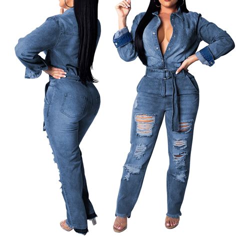 Womens Denim Jumpsuit For Women 2018 Blue Long Sleeve Pants Fashion Loose Tencel Playsuit Plus