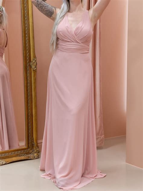 A Line V Neck Chiffon Floor Length With Ruched Bridesmaid Dress Millybridal