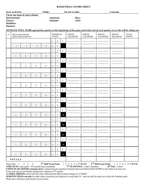 Basketball Score Sheet Template In Word And Pdf Formats