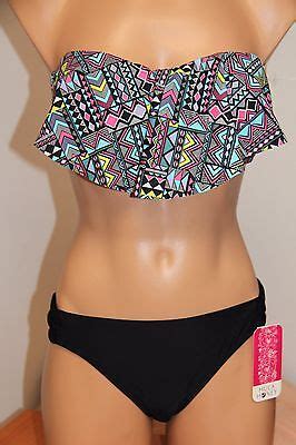 NWT Hula Honey Swimsuit Bikini 2 Piece Set Sz L Bandeau Black Multi