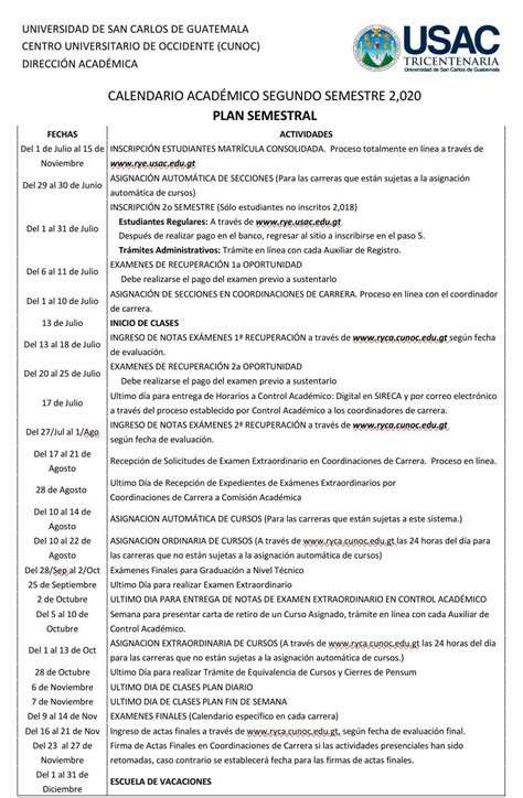 Calendario Académico Segundo Semestre 2020 Humnanidades CUNOC