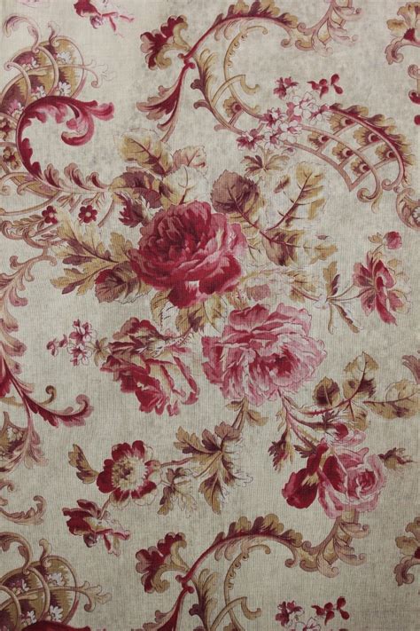 Floral Fabric Antique French Rococo Rose Scroll C 1900 Yellow Pink Red