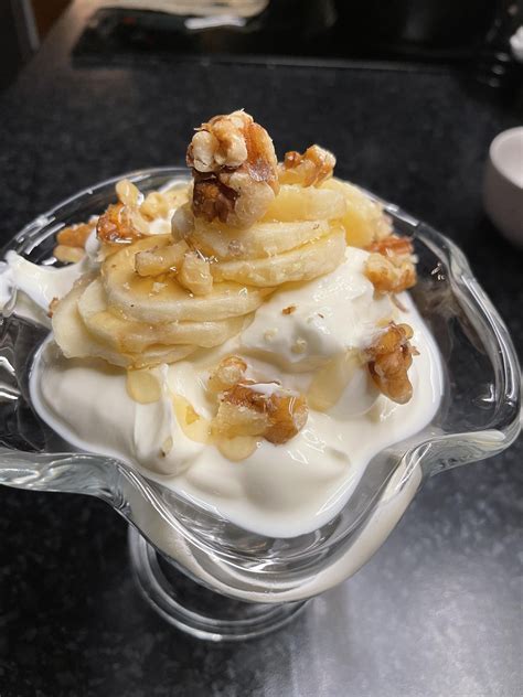 Homemade Greek Yoghurt With Banana Walnuts And Honey For Dessert R