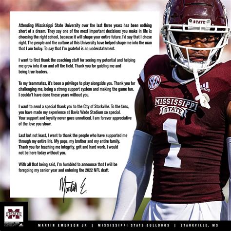 Mississippi State Cb Martin Emerson Declares For Nfl Draft R Cfb