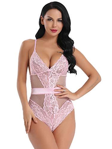 Joyaria Womens See Thru Lace Teddy Lingerie One Piece Bodysuit Pink