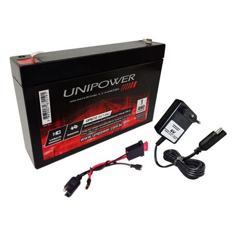 Kit Bateria 6V 7 2ah Unipower Carregador LED Chicote Bateria De