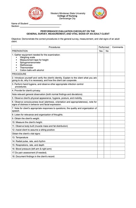 Health Assessment Checklists For 1st Year Nursing Students Western