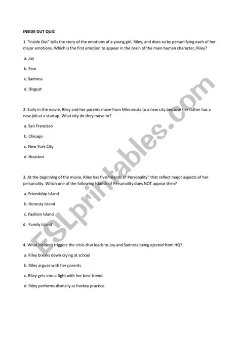 Inside Out Quiz Esl Worksheet By Palli88