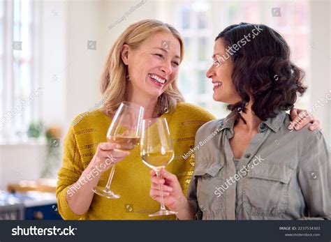 Same Sex Mature Female Couple Celebrating Stock Photo