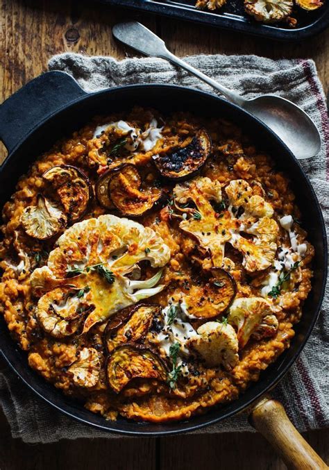 Smokey Lentils With Harissa Roast Cauliflower Aubergine