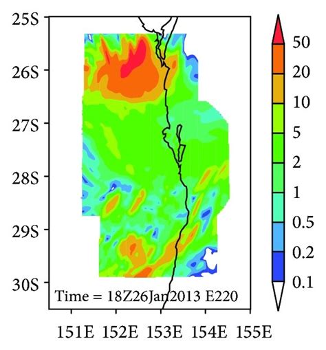 Hourly rainfall in 2 h (rows 1 and 2) and 12 h (rows 3 and 4) forecast ...