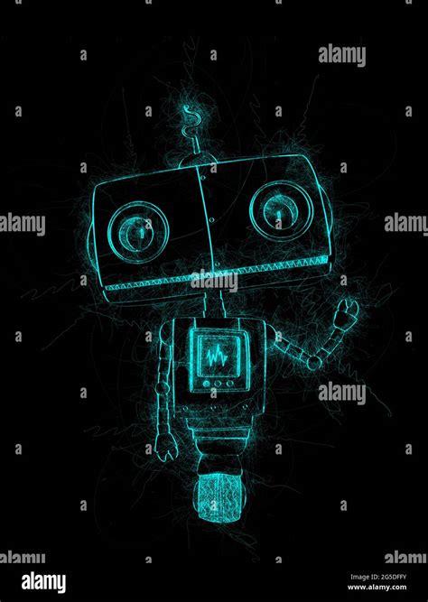 Little cute robot sketch over black background Stock Photo - Alamy