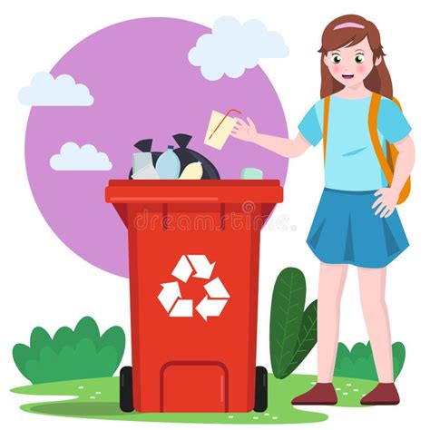 Kid School Girl Put Trash Garbage Into Recycle Bin Trash Can Green