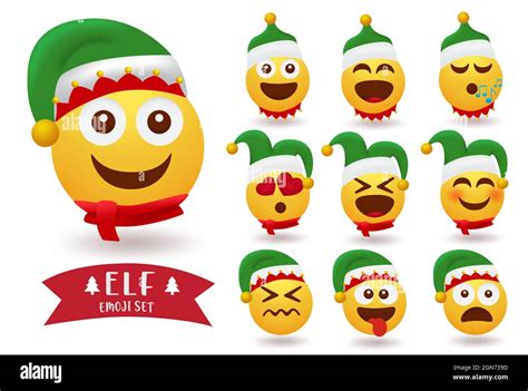 Elf emoji christmas character vector set. Elfs smiley characters in funny, happy and cheerful ...