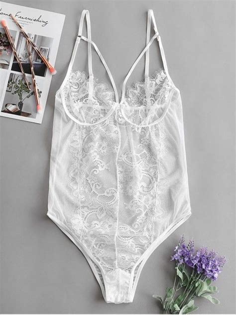 22 Off 2021 Flower Lace Insert Strappy Lingerie Teddy In White Zaful United Kingdom