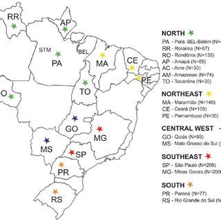 Map of Brazil indicating the geographical location of the 17 different ...