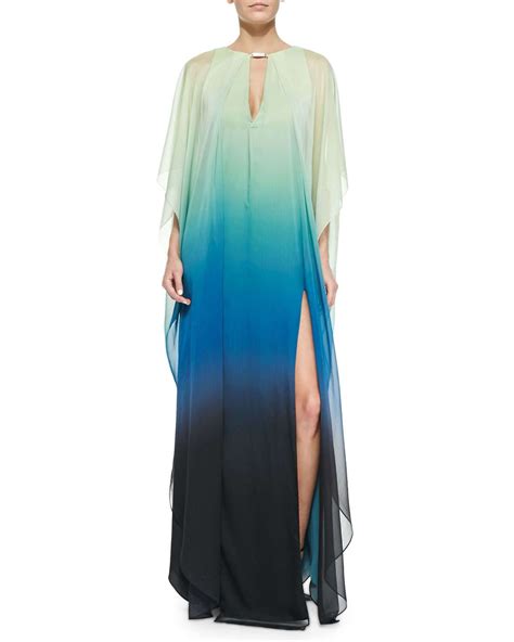 Halston Heritage V Neck Ombre Caftan With Sheer Overlay Caftan Dress