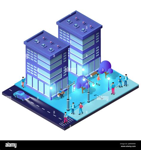 Night Isometric Smart Blue Ultraviolet Block Quarter City At Night With