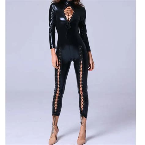 Black Pu Leather Jumpsuit Women Backless Hollow Out Skinny Patent Leather Rompers Womens