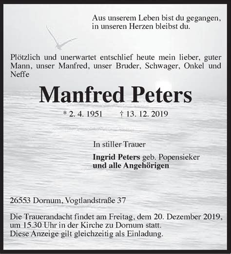 Traueranzeigen Von Manfred Peters Nordwest Trauer De