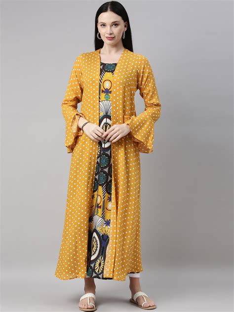 Buy Neerus Women Mustard Yellow Green Printed Anarkali Kurta With